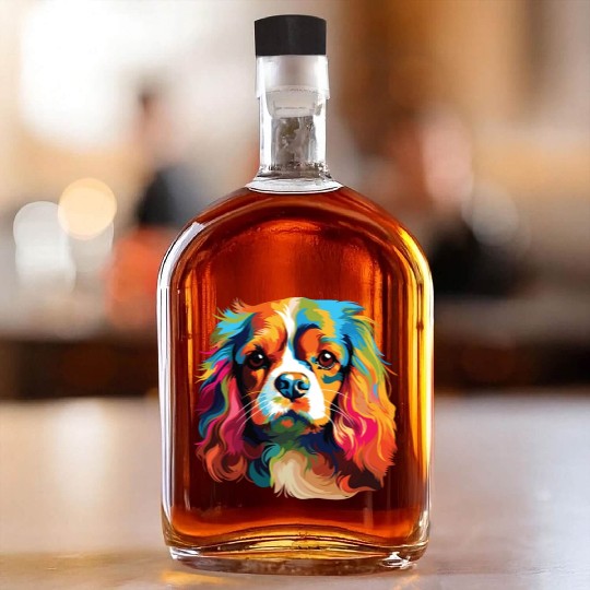 Watercolor Colorful Cavalier King Charles Spaniel Whiskey Bottles