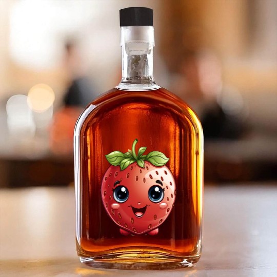 A cute kawaii style strawberry with a smiling face Whiskey Bottles