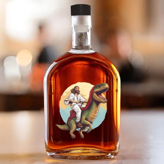 Jesus Riding a Dinosaur Meme Dino Lover Whiskey Bottles