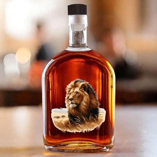 Realistic wildlife painting of a lion Whiskey Bottles