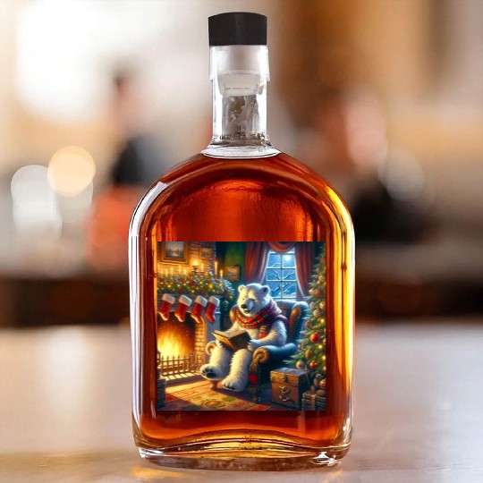 Winter Tales-Merry Cozy Bear Reading by Fireplace Whiskey Bottles