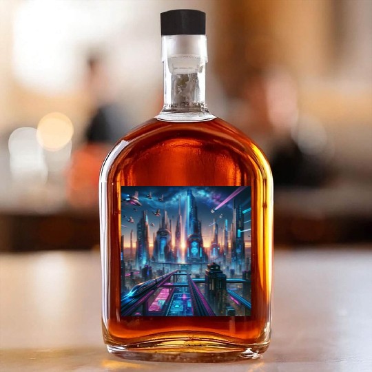 Future Metropolis Neon Cityscape at Night Whiskey Bottles