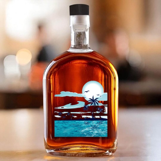 Coconut palm tree and island, Sandy Beach, Coconut Whiskey Bottles