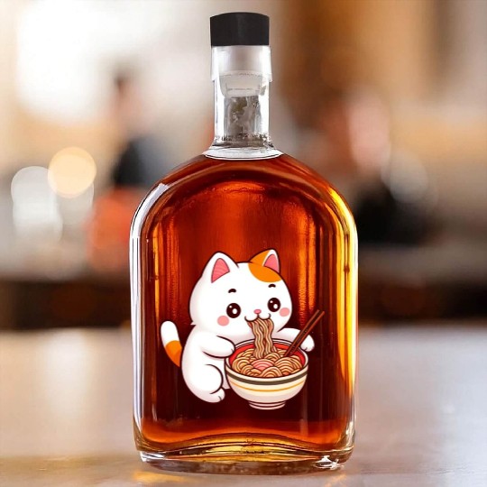 Cute Cat Eating Ramen Whiskey Bottles