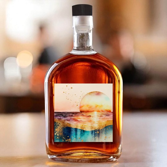 Sunset Beach Watercolor Painting Whiskey Bottles