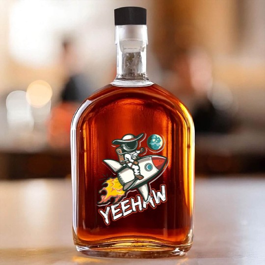 Space Cowboy Riding a Rocket with Yeehaw Slogan Whiskey Bottles