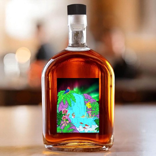 Northern Lights Waterfall Serenity with Swimmers Whiskey Bottles