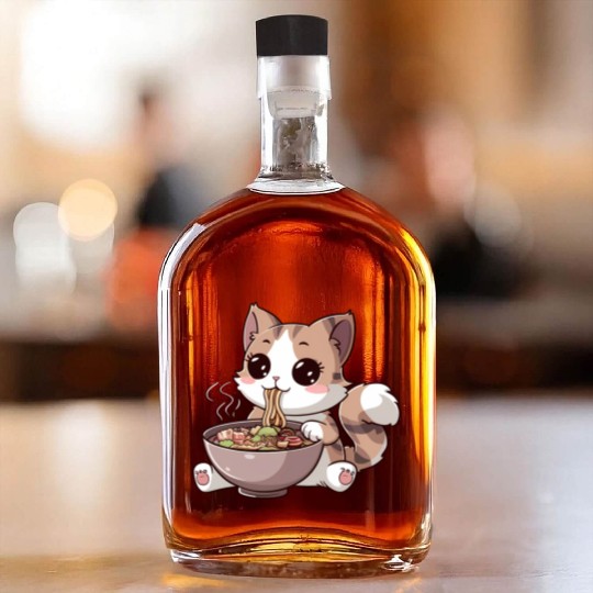 Kawaii Cat Eating Ramen Whiskey Bottles