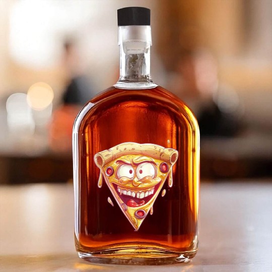 Cheesy Grinning Slice Captures Joy Whiskey Bottles
