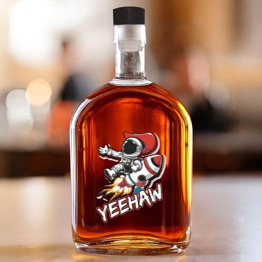 Space Cowboy Riding a Rocket with Yeehaw Slogan Whiskey Bottles