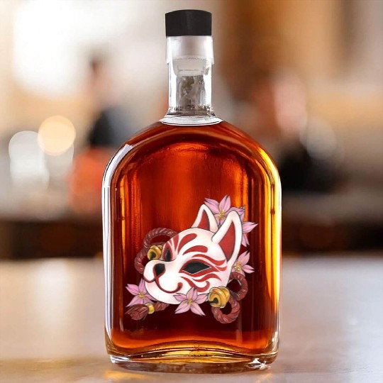 Great Kitsune Inari Kabuki mask with cherry blosso Whiskey Bottles