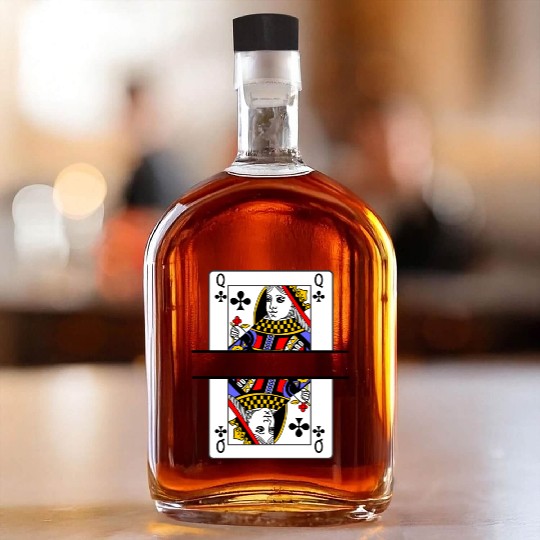 Playing card queen of clubs with banner space Whiskey Bottles