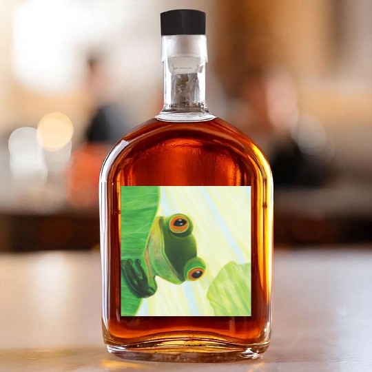 Cute Green Frog Peeping out From Behind Lily Pad Whiskey Bottles