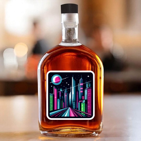 Futuristic cityscape Retro Synthwave Cyberpunk Whiskey Bottles