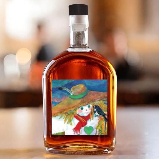 Cute Scarecrow And Barn Swallow Illustration Whiskey Bottles