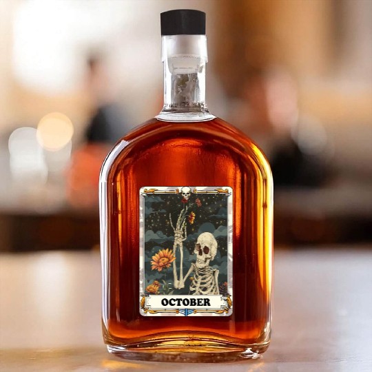 October Gothic Tarot Card - Marigold Flower & Skel Whiskey Bottles