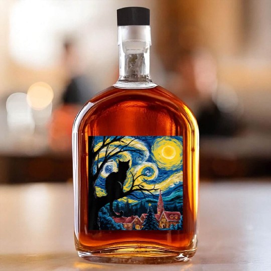 Starry Night Cat Art Premium Whiskey Bottles