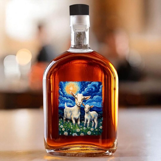 Goats Farm Animals Farmer Starry Night Painting Whiskey Bottles