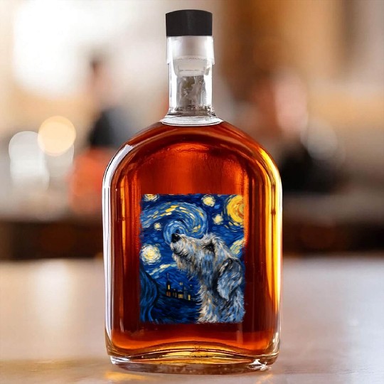 Irish Wolfhound Dog Starry Night Painting Whiskey Bottles
