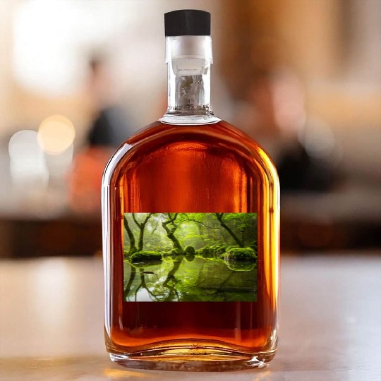 Enchanted Forest Reflections in Tranquil Pond Whiskey Bottles