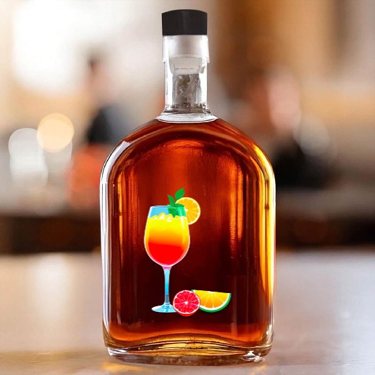 Colorful Cocktail with Fruit Garnish Whiskey Bottles