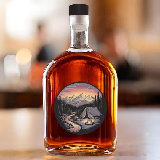 Mountain Morning: Peaceful Camping Monoline Whiskey Bottles