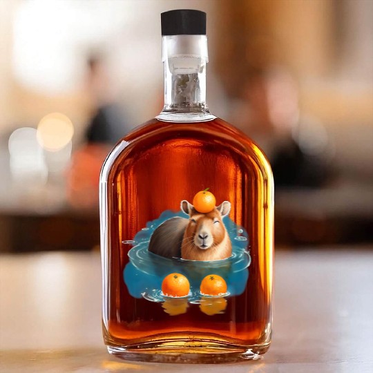 Blissful Capybara in the Water with Oranges Whiskey Bottles