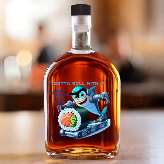 funny shark cyborg cyberpunk rolling sushi Whiskey Bottles