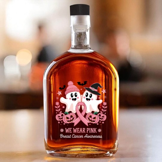 In October Wear Pink Ghost Witch Breast Cancer Whiskey Bottles