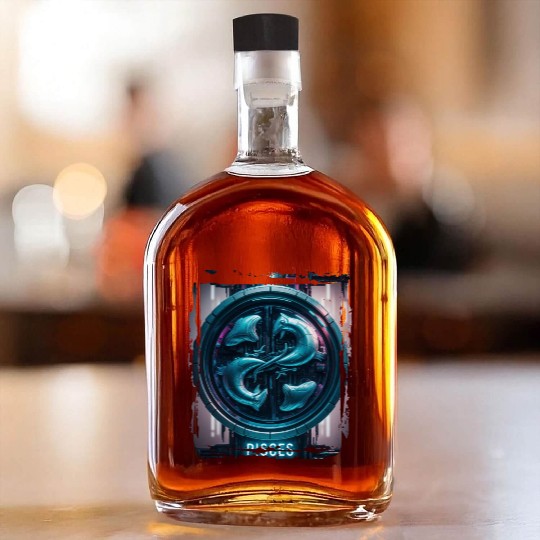 Zodiac sign Pisces in cyberpunk era Future Whiskey Bottles
