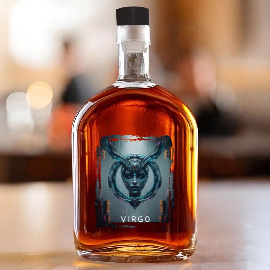 Zodiac sign Virgo in cyberpunk era Future Whiskey Bottles