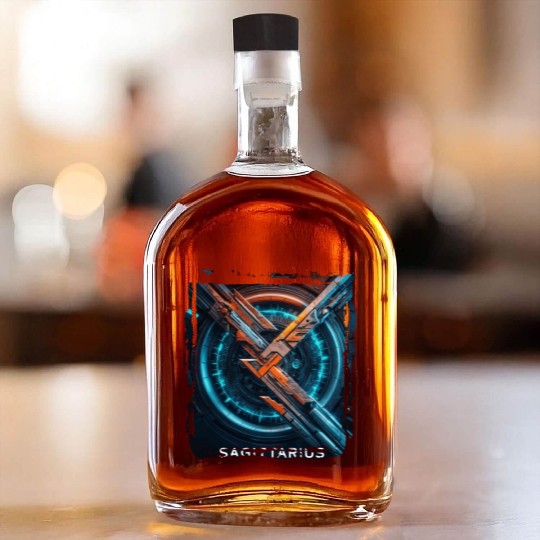 Zodiac sign Sagittarius in cyberpunk era Future Whiskey Bottles