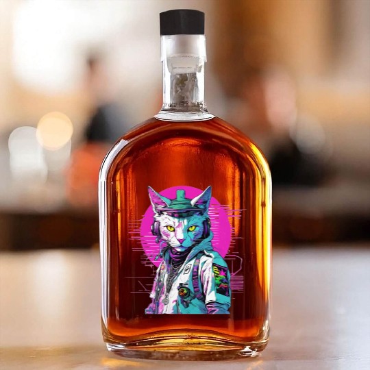 Neon Cyberpunk Warrior Cat Whiskey Bottles