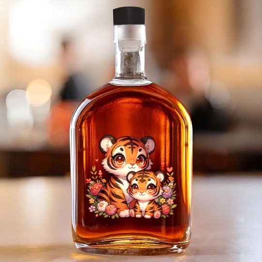 Cute Baby Tiger and Mama Tiger Surrounded by Whiskey Bottles