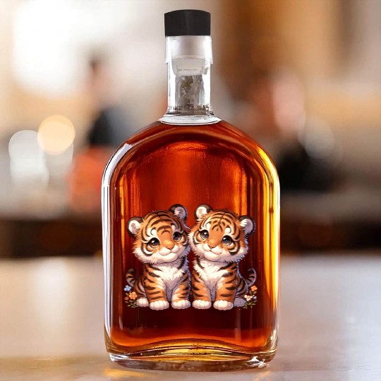 Adorable Twin Tiger Cubs Illustration with Flowers Whiskey Bottles