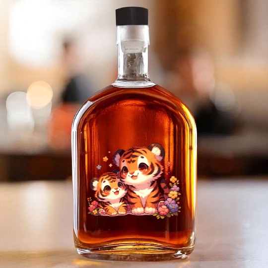 Adorable Tiger Cubs Surrounded By Flowers Whiskey Bottles