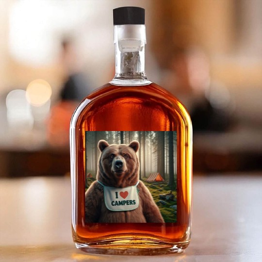 I love campers Grizzly bear with bib Whiskey Bottles