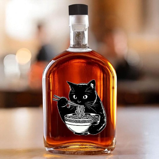 Cat Eating Ramen Noodles Japanese Funny Whiskey Bottles