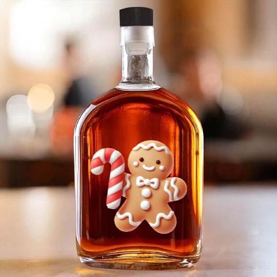 Happy gingerbread man with candy cane Whiskey Bottles