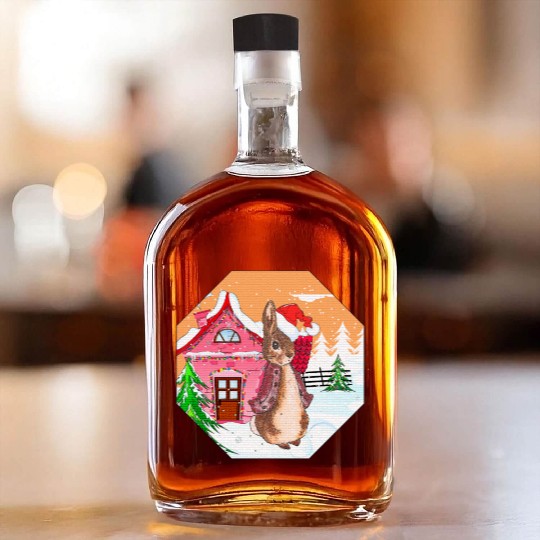 A rabbit walking on Christmas Day Whiskey Bottles