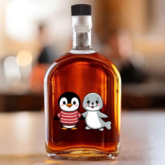 Penguin and Seal Friends holding hands Whiskey Bottles