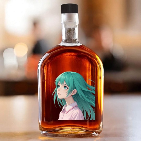 Teal Tresses: A Vision of Anime Serenity and Wonde Whiskey Bottles