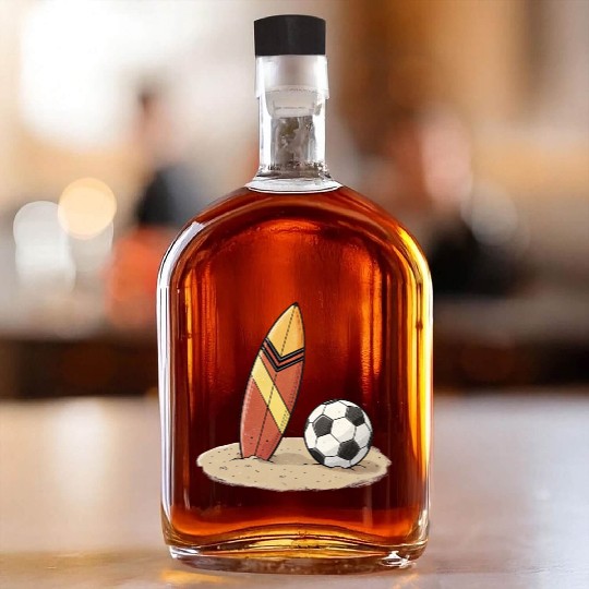 Surfboard and soccer ball in the sand Whiskey Bottles