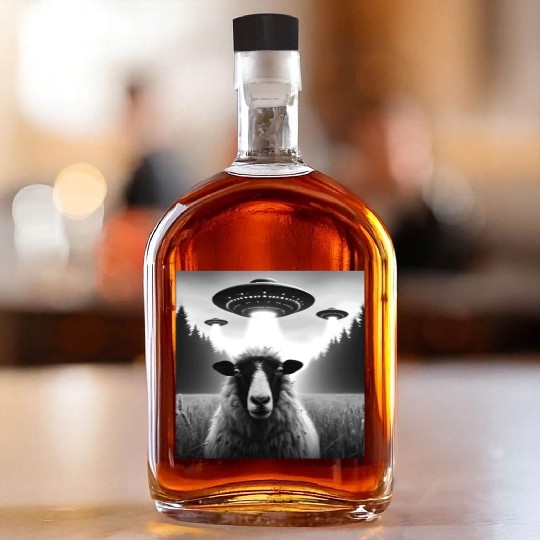 Sheep ram, lamb Funny Graphic Selfie with UFOs Wei Whiskey Bottles