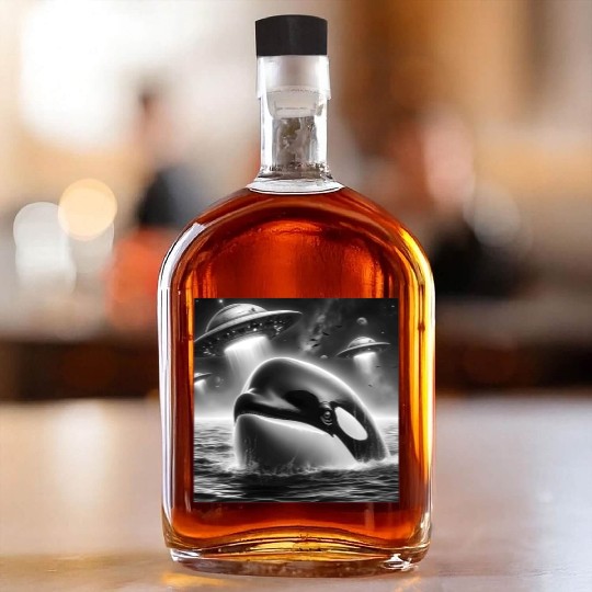 Killer whale Funny Graphic Selfie with UFOs Weird Whiskey Bottles