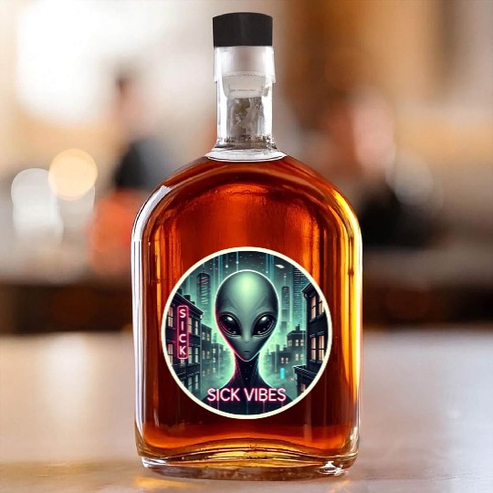 Cyberpunk Alien Encounter - Futuristic Neon Sci-Fi Whiskey Bottles