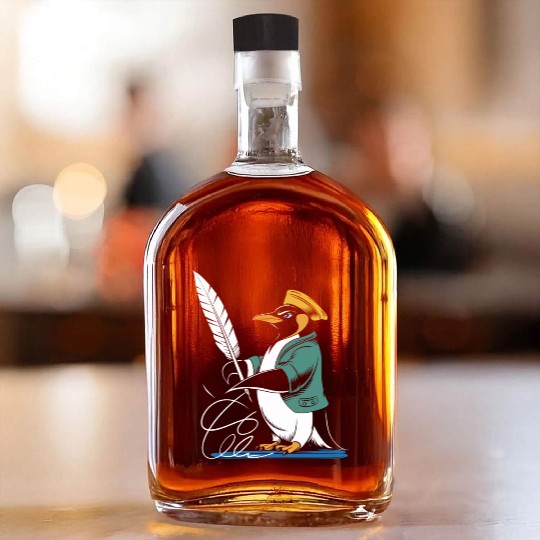 Calligraphy Enthusiast Penguin With Quill Art Whiskey Bottles
