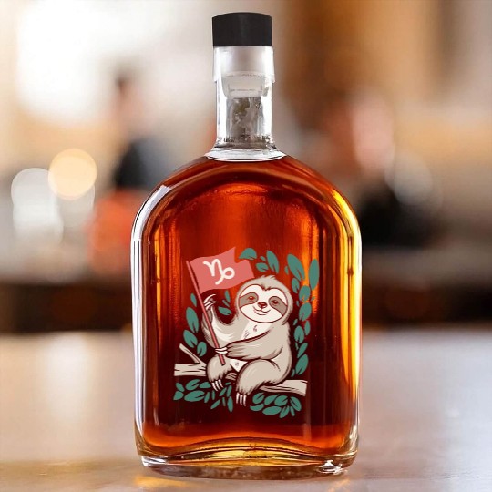 Capricorn Zodiac Sloth Relaxing with Capricorn Whiskey Bottles