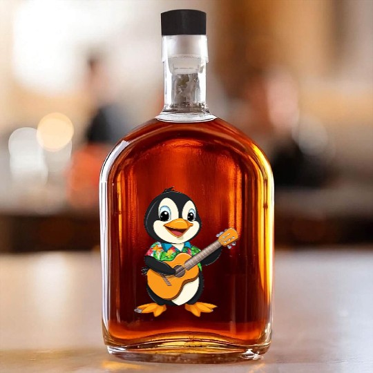 Cool Hawaiian Penguin Playing Guitar Whiskey Bottles