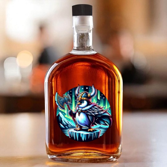 Viking Penguin with Axe Under Northern Lights Whiskey Bottles